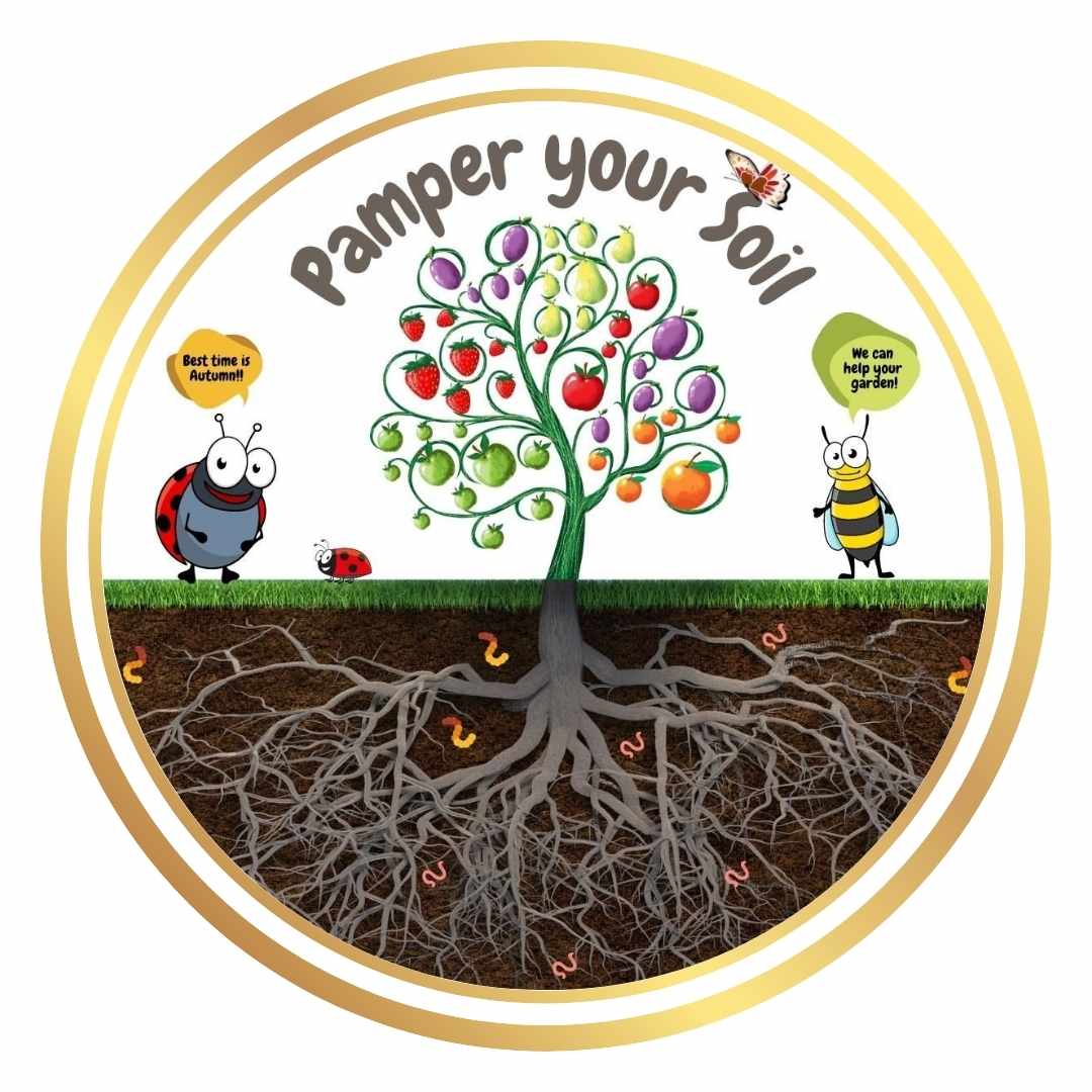 A cartoon illustration promoting soil care with a fruit tree, ladybugs, a bee, a butterfly, and earthworms. The text reads "Pamper your Soil," with a ladybug saying "Best time is Autumn!!" and a bee saying "We can help your garden.